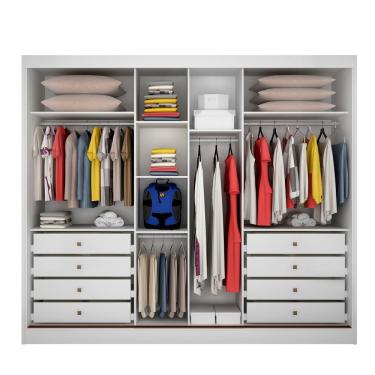 Imagem de Guarda Roupa Casal Diamond Glass 3 Portas de Bater 8 Gavetas MDF com Espelho e Porta Reflequita Branco Neve Móveis Novo