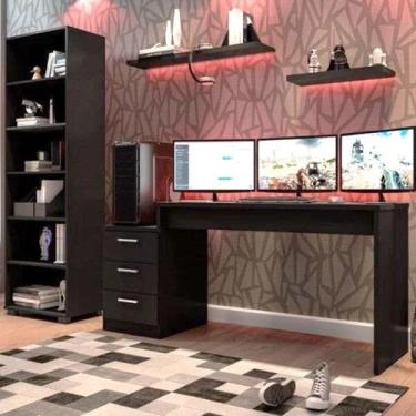 Imagem de Conjunto 2 Peças Mesa Escrivaninha Gamer e Estante 5 Prateleiras Preto