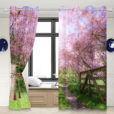 Imagem de Yeele Cortinas de cenário natural de jardim de primavera 106,7 x 160,0 cm 2 painéis de cortinas de janela blackout para meninas, sala de estar, quarto, cortinas de poliéster à prova d'água com ilhós, rosa verde