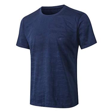 Imagem de Camiseta masculina esportiva com estampa de camuflagem secagem rápida elástico pescoço manga curta corrida fitness exercício academia roupas esportivas(S)(Azul escuro)