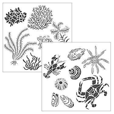 Imagem de The Crafter's Workshop - Estêncil reutilizável inspirado no oceano para pintura e artesanato – motivo de vida selvagem e flora costeira – pacote com 2, 15 x 15 cm – criaturas da costa do golfo/flora