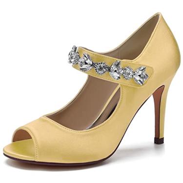 Imagem de Sapatos de casamento de noiva de cetim feminino escarpins peep toe com strass salto agulha alto marfim sapatos sociais 35-43,Gold,8 UK/41 EU