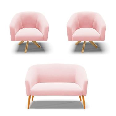 Imagem de Kit 1 Namoradeira E 2 Poltronas Rosa Bebê Base Madeira