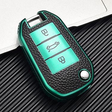 Imagem de CSHU Couro TPU porta-chaves remota capa porta-chaves porta-chaves porta-chaves, adequado para Peugeot 208 308 508 408 2008 3008 407 307 4008 Citroen C4, verde