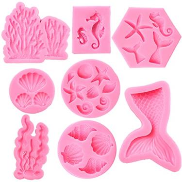 Imagem de GELIFATLE Molde de bolo com tema de sereia, sereia, concha, algas marinhas, molde de silicone coral, topos de cupcake para doces, chocolate, fondant, argila de polímero, projetos de artesanato e decoração de bolos