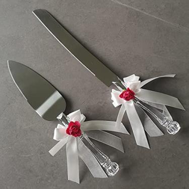 Imagem de Conjunto de faca de bolo e servidor de cristal sintético gravado para aniversário, aniversário de casamento, lembrança de casamento (vermelho flor)