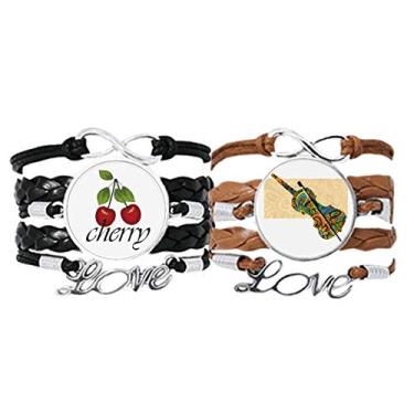 Imagem de DIYthinker Pulseira com pôster de violino Rock Music Festival Pulseira de mão corda de couro Cereja Love conjunto duplo