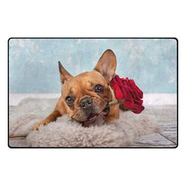 Imagem de ColourLife Tapetes leves, macios, buldogue francês marrom com tapete de rosa vermelha, capacho para quarto, entrada de piso de madeira, sala de estar 78,7 x 50,8 cm