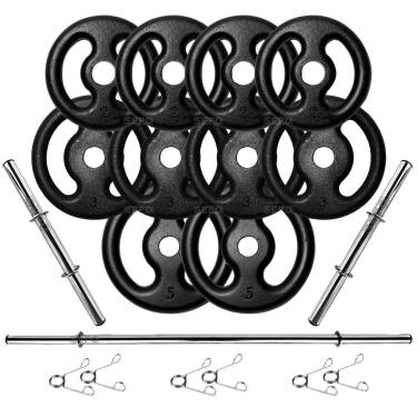 Imagem de Kit Anilhas Ferro Fundido 30 Kg + Barras 40cm e 1,60m Com Presilhas-Unissex