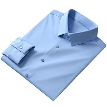 Imagem de Camisa Social Masculina, Blusa de Cor Pura Sem Lapela Vincada, Roupa de Casa Em Fibra de Poliéster (39)