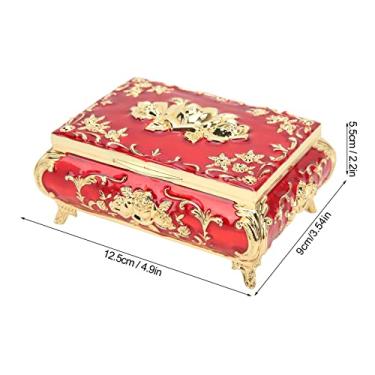 Imagem de Caixa de jóias vintage brilhante requintado resistente à ferrugem rosa alívio design caixa de armazenamento de jóias decoração (vermelho dourado)
