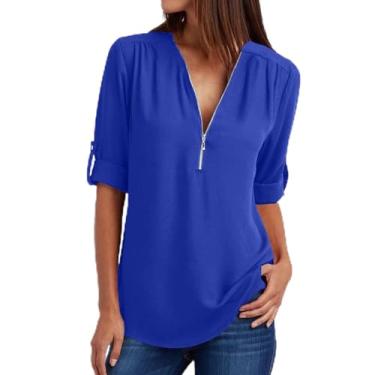 Imagem de Camisetas femininas de chiffon gola V para mulheres, caimento solto, longa, básica, outono, verão, 2024, moda Y2K, V-486 Azul royal escuro, 4G