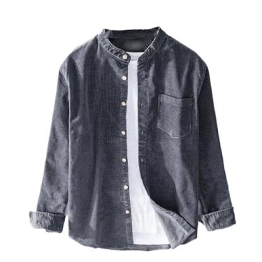 Imagem de Camisa masculina de manga longa primavera outono preto cinza cáqui gola alta vintage camisa masculina solta algodão, Cinza, M
