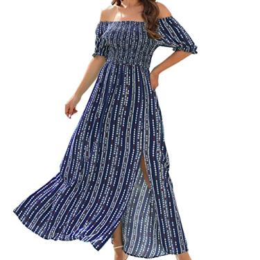 Imagem de Vestido de verão feminino manga curta plus size vestido longo lindo vestido evasê boutique vestido casual para noite, Azul, G