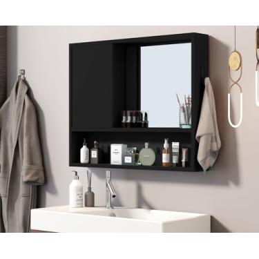 Imagem de Espelheira Amon Armario de Banheiro com Espelho Gancho Suspenso, Aério com Prateleira Organizadora em Diversas cores (Preto)