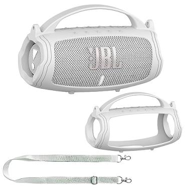 Imagem de JCHPINE Capa de silicone para alto-falante Bluetooth portátil JBL Charge 5, suporte protetor para acessórios de alto-falante JBL Charge 5 (capa branca, não serve para a versão Wi-Fi)
