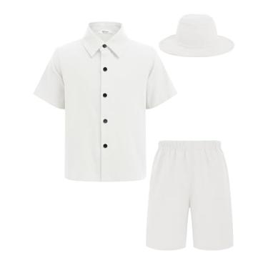 Imagem de Arshiner Conjuntos curtos de algodão e linho para meninos, camisa de manga curta e shorts com chapéu balde roupas de praia de verão, Branco, 6