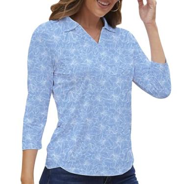 Imagem de Camisa polo feminina manga 3/4 golfe secagem rápida camisetas FPS 50+ atléticas casuais de trabalho tops para mulheres, Manga 3/4 - flores azuis, P
