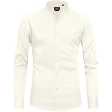 Imagem de J.VER Camisas sociais masculinas com gola em faixa de manga comprida com botão e gola mandarim camisa lisa elástica com bolso, Bege cáqui, XXG