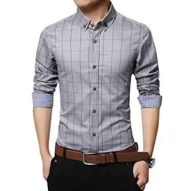 Imagem de ERZTIAY Camisa social masculina clássica casual listrada vertical slim fit manga longa, Xadrez cinza, G
