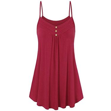 Imagem de Regata feminina de verão, gola V, plissada, cor lisa, túnica sem mangas, alças finas, Vermelho, GG