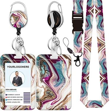 Imagem de Cordão de crachá e suporte de crachá de identificação, carretel retrátil com mosquetão para cinto de carretel, cordão de alça com fecho de lagosta para porta-crachás, presentes de escritório de professores de enfermagem (BLC-bege mármore)