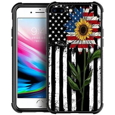 Imagem de Yesad Compatível com capa para iPhone 7/8, girassol bandeira americana macia TPU à prova de choque capa traseira de vidro temperado para Apple iPhone 7/8