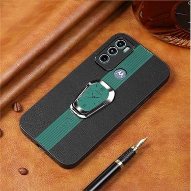 Imagem de Capa para Moto G60 Capinha Business Deluxe Leather Phone Soft Case com suporte magnético invisível para anel de dedo Capa para telefone em couro resistente a quedas - Verde