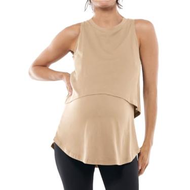Imagem de Tankaneo Camiseta regata feminina de verão para amamentação, sem mangas, camada dupla, roupas para gravidez, Caqui, M