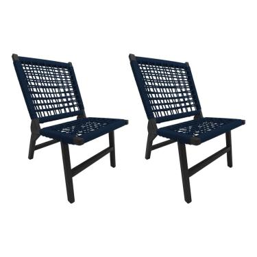 Imagem de Kit 2 Cadeiras Viena Base de Madeira Maciça Preta e Corda Náutica Azul Marinho 