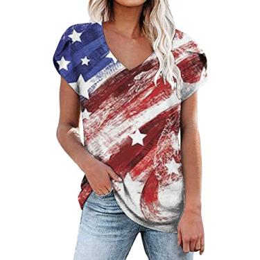 Imagem de Camisetas femininas 4th of July gola V manga curta bandeira americana estrelas listras tops camiseta caimento solto Memorial Day, Vermelho, P