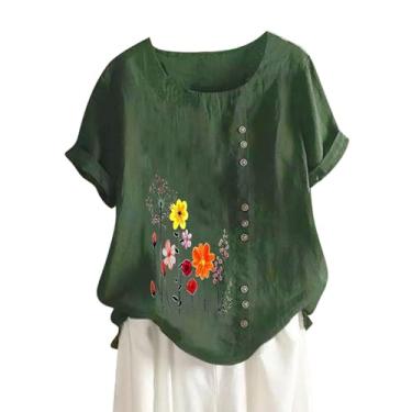 Imagem de Túnica feminina de algodão e linho, estampa floral, blusa de manga curta, vintage, boêmia, básica, Verde A, M