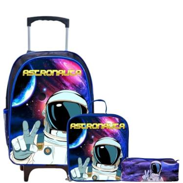 Imagem de Kit Mochila de Rodinha Escolar Infantil Menina e Menino + Lancheira + Estojo Grande Box Necessaire (Astronauta 1)