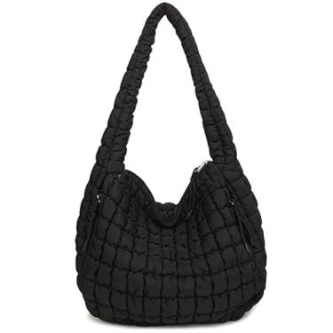Imagem de Puffer Tote Bolsa feminina acolchoada tiracolo grande ombro inchado 2024 bolsa de praia de verão nuvem Hobo Bubble Gym plissado pad, Preto, Bolsas Hobo