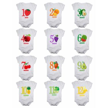 Imagem de Kit Body Mesversario Manga Curta Frutas 12 Bodies de Bebê De 1 a 12 Meses