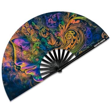 Imagem de Ravevibes Ventilador de mão dobrável grande de 33 cm, ventilador de bambu para festivais, ventiladores dobráveis com brilho UV Edm para rave roupas, acessórios, apresentação, festa de dança para
