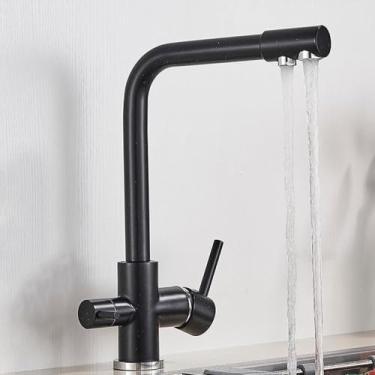 Imagem de Torneira de cozinha com filtro de níquel escovado, torneira de cozinha para água potável, montada no deck, alças duplas, misturador de água quente e fria de 3 vias, preto com ponto