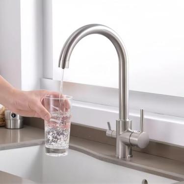 Imagem de Torneira com filtro de água cromada com duas alças para cozinha, torneira com filtro de água com rotação de 360 graus, misturador de pia de três vias, torneira de cozinha, níquel A