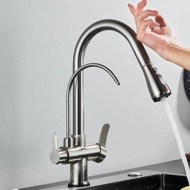 Imagem de Filtro de sensor de toque Torneira de cozinha de água de latão antigo Torneira misturadora de pulverizador com guindaste giratório de água pura para cozinha, níquel escovado