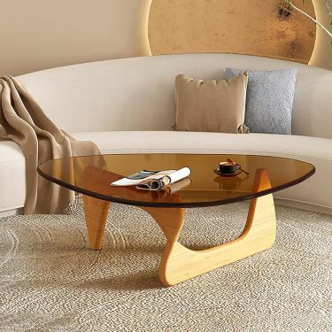 Imagem de Mesa de centro triangular, mesa de centro moderna (moldura de madeira + tampo de vidro triangular) para sala de estar, pátio, escritório, lounge, escritório, nogueira + transparente, tora +