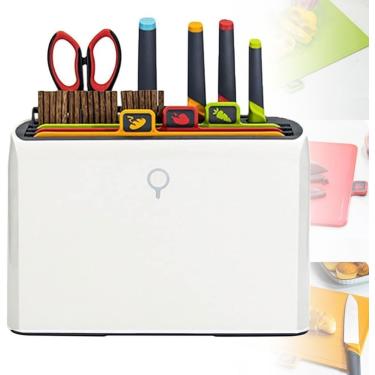 Imagem de Conjunto de tábua de corte e faca inteligente com suporte de secagem, tábuas de corte codificadas por 4 cores e 4 facas e pauzinhos de 10 pares, organizador de suporte de secagem, ferramenta