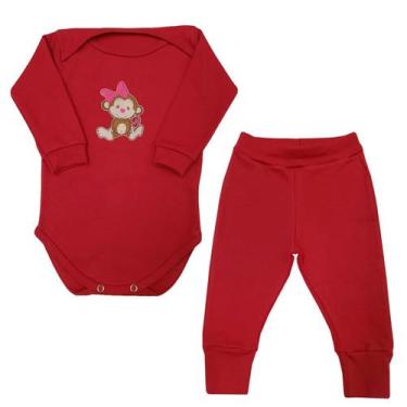 Imagem de Conjunto Body Manga Longa Bebê Macaquinha Laço Rosa + Calça - Generic,