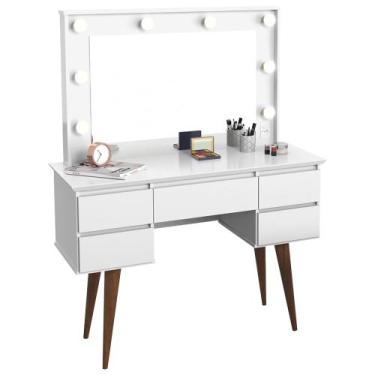 Imagem de Penteadeira Com Espelho 5 Gavetas Pés Palito Camarim Strass Branco - P