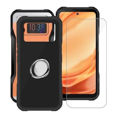 Imagem de YQINHHME Capa preta para Doogee V20S (6,4 polegadas) com 1 x suporte de anel de metal para celular de vidro temperado + 360°, capa de TPU à prova de choque de silicone macio fino e macio à prova de