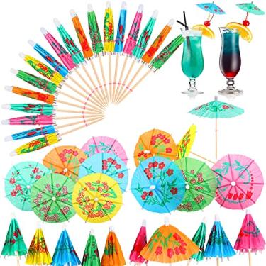 Imagem de CCINEE Guarda-chuva de coquetel, 144 peças, palhetas de bebida, guarda-sóis, guarda-sol tropical, multicolorido, havaiano, guarda-sol, palitos de coquetel para o verão, chapéus de cupcake havaiano,