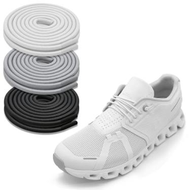 Imagem de NDTEZUGT 3 pares de cadarços elásticos para 5 tênis de corrida, cordas finas elásticas redondas elásticas sem cadarços de velocidade de substituição (preto + branco + cinza, 70 cm)