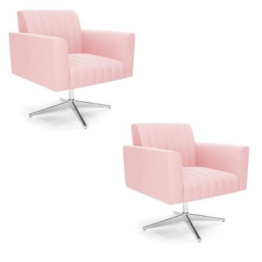 Imagem de Kit 2 Poltronas Giratória Viena Gomada Suede Rosa Bebê Base Cromada - D`rossi
