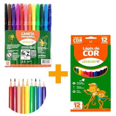 Imagem de Kit Escolar Lápis de Cor 12 cores + Canetinha  Hidrográfica 12 cores L