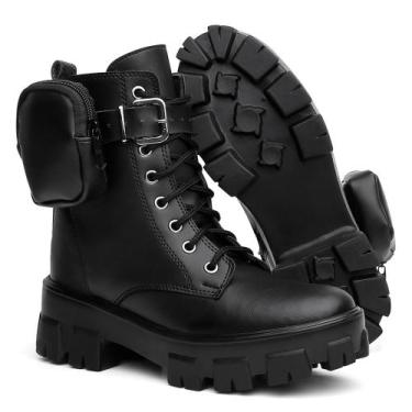 Imagem de Bota Coturno Tratorado Feminino Preto Moda Com Bag Bolsinha Zíper Conf