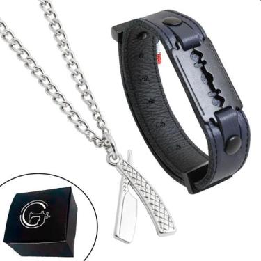Imagem de Kit Colar Corrente Navalha Pulseira Couro Lâmina Barbearia - GRANADO A